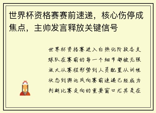 世界杯资格赛赛前速递，核心伤停成焦点，主帅发言释放关键信号