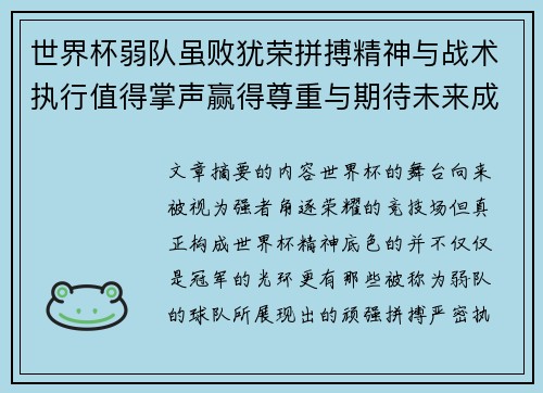 世界杯弱队虽败犹荣拼搏精神与战术执行值得掌声赢得尊重与期待未来成长